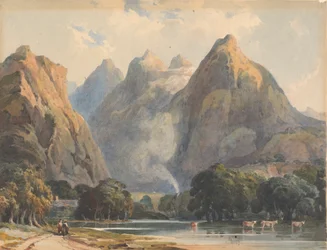Bjergscene med bæk, køer og figurer