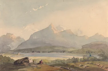 Bjerget landskab med sø og figur i forgrunden