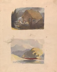 To Tegninger paa ét Ark: Sommerhus med Figurer foran (nr. 15); Landskab med flod og bjerge - solskin (nr. 16)