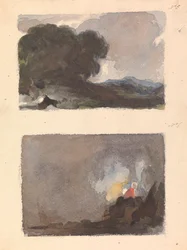 To tegninger på ét ark: Landskab med træ i forgrunden og bjerge i afstand - Hobbema og Ruysdael Princip (nr. 5); Figur i interiørscene - Teniers og Ostades princip (nr. 6)