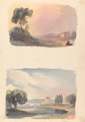 To tegninger på ét ark: Landskab med bjerge i afstand og siddende figurer i forgrunden (nr. 1); Landskab med flod og bygning, bjerge i afstand (nr. 2)