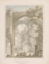 Indvendig udsigt over Tintern Abbey fra skibet til østvinduet