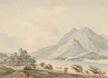 Rigi-bjerget og det gamle slot Habsburg ved Luzernsøen (wc over grafit på papir)
