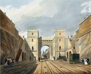 Maurisk bue, set fra tunnelen, tavle 10 fra «Liverpool and Manchester Railway», graveret af S.G. Hughes, udgivet af R. Ackermann, 1831