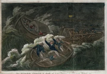 The Melancholy shipwreck and the death of Lord Royston. Litografi (17,5 x 25,8 cm), London (England)-udgave, af Thomas Tegg (1808). Engelsk kunst