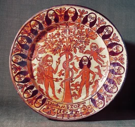 Adam og Eva-beklædningsfad, North Staffordshire, 1674