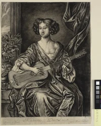 Lady spiller guitar, "Madame Davis"; efter Sir Peter Lelys malede portræt, ca. 1674 af Mary Davies i Earl of Bradford-samlingen