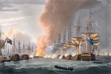 Ødelæggelse af den danske flåde før København, 2. april 1801, indgraveret af Thomas Sutherland til J. Jenkins 