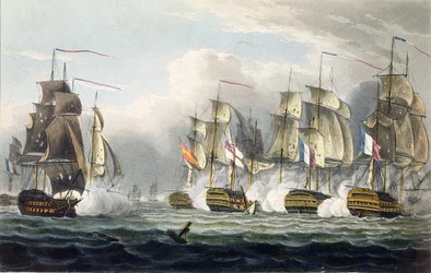 HMS Bellerophons situation efter dens kommandør kaptajn Cookes død i slaget ved Trafalgar, 21. oktober 1805, graveret af T. Sutherland til «The Naval Chronology of Great Britain»