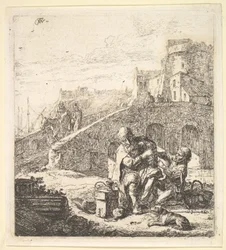 Lazarillo stjæler druer fra den fattige blinde tigger, 1600-tallet.