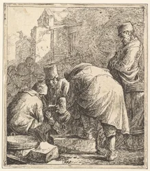 Mand, der justerer sit fodtøj, til venstre Tre mænd, der spiller kort, 1630-77.