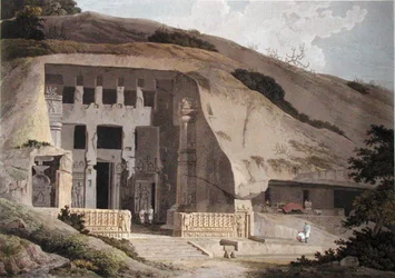 Udgravet tempel på øen Salsette, planche III fra "Oriental Scenery", udgivet i 1799 (farvet akvaratint) (se 136976)