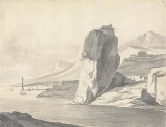 En kystscene (italiensk) med bølgebryder, høje klipper og et fort