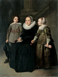 Portræt af en dame i hel figur, siddende, i sort kjole med hvid pibekrave og kyse, holdende et lommetørklæde, med sin søn i grå kofte og sin datter i grøn kjole, 1635