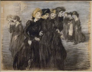 Midinettenes udgang (før 1907). Theophile Alexandre Steinlen (1859-1923). Kul og pastel på papir. Musee des Beaux-Arts de la Ville de Paris, PeuPalais.
