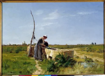 Bonden og brønden Maleri af Theophile Mayan (1860-1937) Dim. 46x56 cm. Obligatorisk omtale: Collection fondation hilsen de Provence Marseille DR