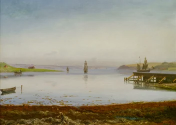 Skibe på en bugt, muligvis Horsens Fjord, ca. 1850 (olie på lærred)