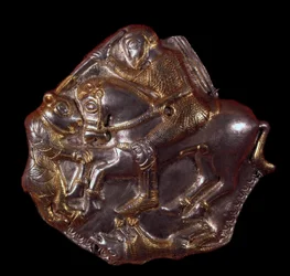 Thrakisk civilisation: guld-sølv-sconce, der repræsenterer en rytter angrebet af en bjørn. 400-350 f.Kr. Lovtch, Historisk Afdelingsmuseum, Bulgarien