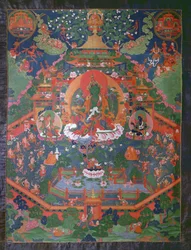 Thangka forestiller Green Tara (gouache på tekstil)
