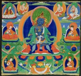 Thangka-maleri, der afbilder Adibuddha Vajradhara (Do rje chang), tibetansk, 1800-tallet (hundesyge på calico)