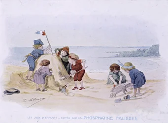 Børns spil: børn bygger et sandslot - dess. de Lobrichon, red. af Phosphatine Falières, v.1920