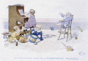 Børns spil: børn, der spiller forskellige musikinstrumenter - dess. de Lobrichon, red. af Phosphatine Falières, v.1920