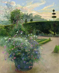 White Daisies Against the Sweetpea Trellis (olie på lærred)