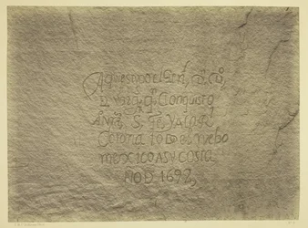 Historisk spansk optegnelse over erobringen, sydsiden af Inscription Rock, N.M. Geografiske og geologiske udforskninger og undersøgelser vest for den 100. meridian. Ekspeditionen i 1873. -Løjtnant Geo. M. Wheeler, ingeniørkorpset, leder.