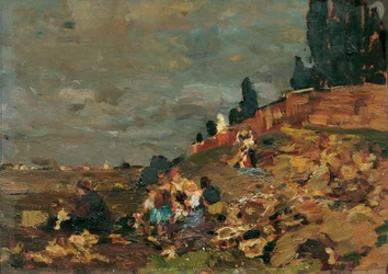 Børn ved kirkegårdsmuren