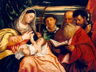 Madonna og barn med de hellige Stephen, Jerome og Maurice (olie på lærred)