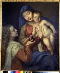 Madonna og barn med Maria Magdalena. Maleri af Titian (Tiziano Vecellio eller Vecelli eller Tiziano da Cador