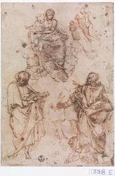 Madonna og barnet siddende på skyer med helgener eller apostle (pen  blæk på papir)