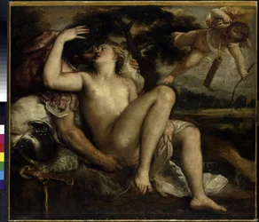 Mars, Venus og Amor. Maleri af Tiziano Vecelli eller Vecellio, også Tiziano da Cador, kaldet Tizian eller Le Titien (ca. 1490-1576), olie på lærred, ca. 1530. Italiensk kunst (Venedig)
