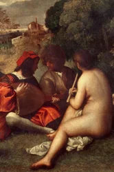 Musikkoncerten. Musikere på græsset, kvinderne er nøgne. Detalje. Maleri tilskrevet Tiziano Vecellio, kaldet Tizian (1485-1576), eller Giorgio da Castelfranco, kaldet Giorgione (1476/1478-1510). Sol. 1,05 x 1,36 m. Paris, Musée du Louvre