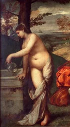 Bandkoncerten Musikere på græs, kvinder er nøgne. Detalje af en af dem, der fylder sin kande til springvandet. Maleri tilskrevet Tiziano Vecellio dit le Titian (1485-1576) eller Giorgio da Castelfranco dit Giorgione (1476/1478-1510) Søn. 1,05 X 1,36 m Pari