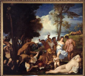 Ankomst af Bacchus på øen Andros (Bacchanal of the Andrii). Ankomst fra Bacchus på Andros Island. Billede, der forestiller festen af ​​satirer og bacchanter til ære for den guddommelige Bacchus (Baccanal). Maleri af Tiziano Vecellio kaldet Tizianen (1485-1