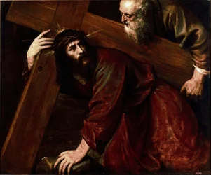 Kristus og Simon fra Kyrene - Simon fra Kyrene hjælper Jesus med at bære sit kors. Maleri af Tiziano Vecellio, kaldet Tizian (1485-1576)