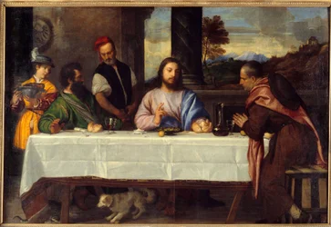 Middag på Emmaus Mød Jesus med pelerins. Maleri af Tiziano Vecellio dit le Titian (1485-1576) 1500-tallet søn. 1,69x2,44 m