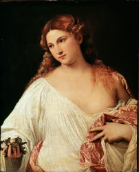 Flora. Maleri af Tiziano Vecellio, kaldet Tizian, omkring 1515. Mål 64 x 80 cm. Uffizierne, Firenze