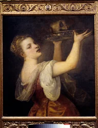 Salome holder hovedet af Johannes Døberen Ved en banket danser Salome, den smukke datter af Herode Antipas II (21 f.Kr.-39 e.Kr.) og beder om Johannes Døberens hoved på et sæt som gave til sin mor Herodiade. Maleri af Tiziano Vecellio cal