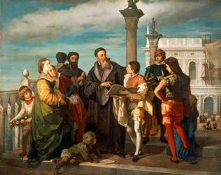 Mødet mellem Titian (1488-1576) og den unge Veronese (1528-88) på Ponte della Paglia, af Antonio Zona (1814-1842), olie på lærred