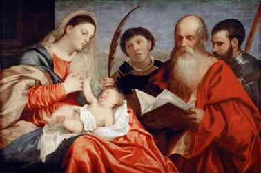 Jomfruen og barnet med de hellige Stephen, Hieronymus og Maurice - Tizian (1488-1576). Olie på træ, ca. 1520. Mål : 92,7x138 cm. Kunsthistorisk Museum, Vienne