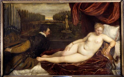 Concert un Woman Nude Lie en Pres un Homme spiller orgelet. Maleri af Tiziano Vecellio kaldet Titian (1485-1576)