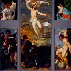 Opstandelsen "" Jomfruen"" "" Sankt Sebastian""" og sponsorerne. Paneler af Averoldi polyptykon. Maleri på træ af Tiziano Vecellio kaldet Titian (ca. 1490-1576) Brescia fra det 16. århundrede, kirken for de hellige Nazzaro og Celso