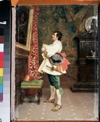 "Before a Portrait" (Before a Portrait) En mand, klædt i uniformen af ​​en musketer fra det 17. århundrede, der beundrer et maleri (sin eget portræt) Maleri af Tito Conti (1842-1924) Mikhail Kroshitsky Kunstmuseum, Sevastopol (Sevastopol) Ukraine