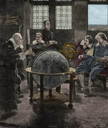 John Milton (1608-1674) besøger Galileo Galilei (Galilæi) i hans fængsel hos inkvisitionen i Arcetri nær Firenze i 1640. Gravering fra det 19. århundrede efter et maleri af T. Lessi.