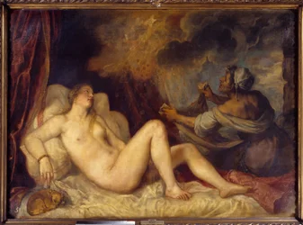 Danaë modtager den gyldne regn. Zeus kommer til Danaë for at forføre hende i skikkelse af en regn af guldmønter. Maleri af Tiziano Vecellio, kaldet Tizian (1488-1576), 1553. 1,29 x 1,8 m. Madrid, Prado-museet