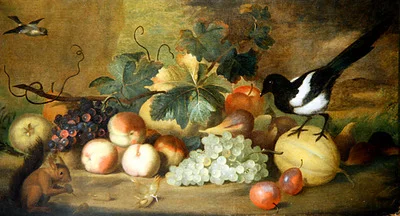 Et stilleben af frugt med en magpie og et rødt egern (olie på lærred)