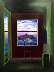 Surrealistisk udsigt over søen fra et rum