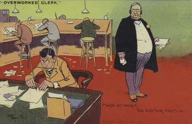 Overanstrengt kontorist, hårdt på arbejde, guvernøren går ind